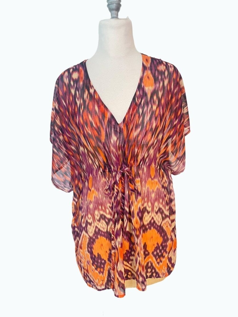 CABI Kimono Blouse Coral Orange Purple Ikat $89 Tunic Chiffon 415 Size medium